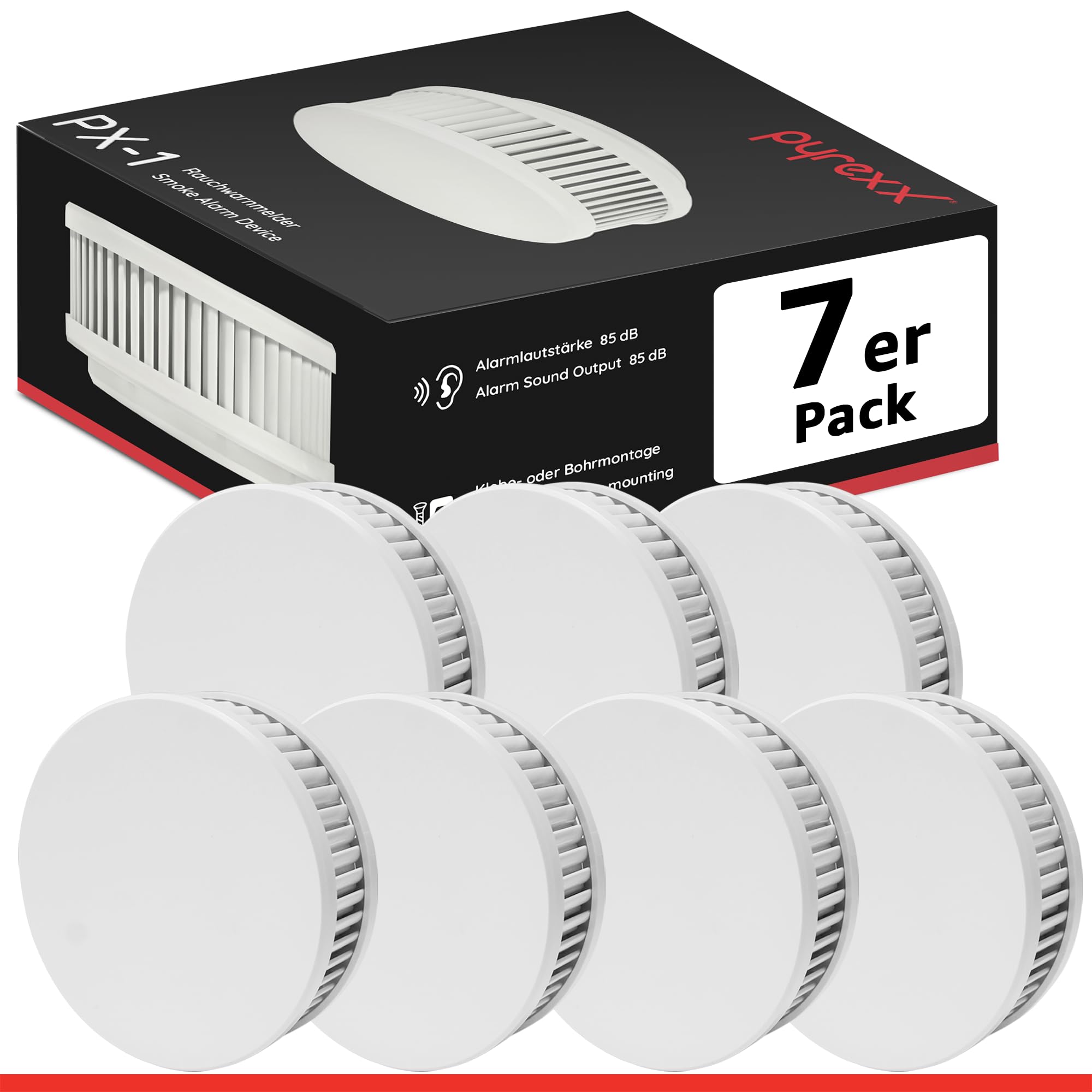 Pyrexx PX-1 Rauchwarnmelder - 7 Stück - 12 Jahre Batterie mit Magnet-Halterung ohne Bohren und LED-Blinken, Zertifiziert nach Q-Label, Weiß