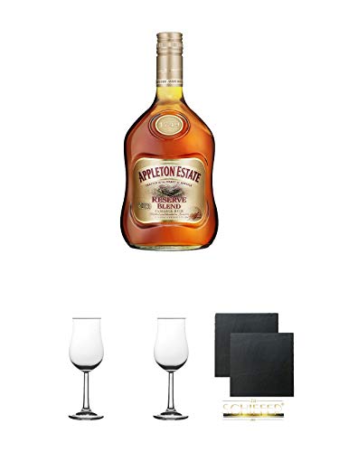 Appleton Estate - RESERVE BLEND - Jamaika Rum 0,7 Liter + 2 Bugatti Nosing Gläser mit Eichstrich 2cl und 4cl + 2 Schiefer Glasuntersetzer eckig ca. 9,5 cm Ø