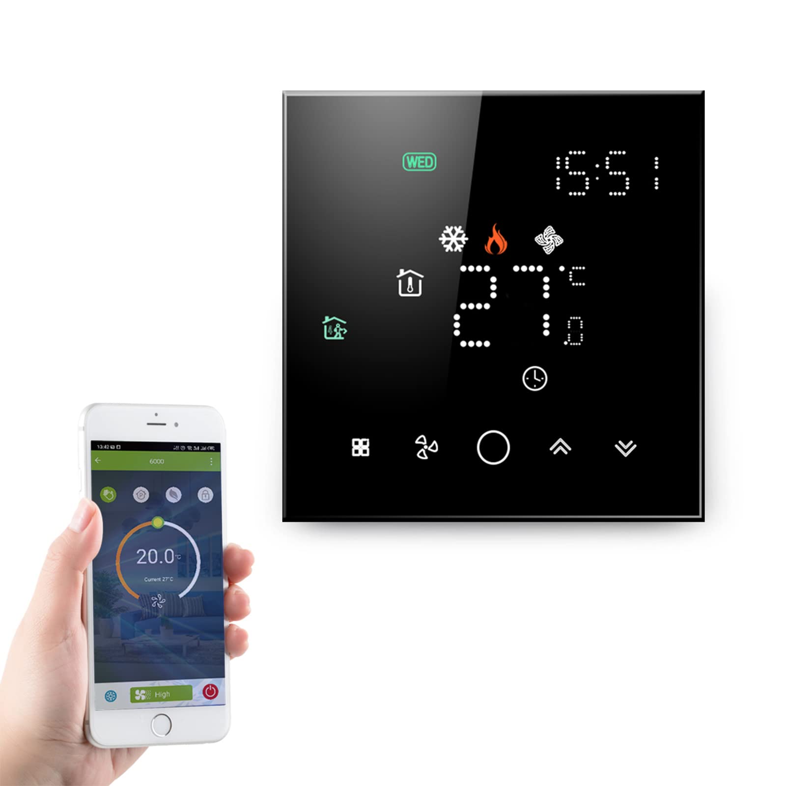 Qiumi Smart WiFi Thermostat Klimaanlage Temperaturregler mit 4-Röhren-LCD-Bildschirm,Funktioniert mit Alexa Google Home,LED-Matrixlicht schützen Sie Ihre Augen, 95~240V AC