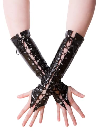 Damen Handschuhe zum Schnüren, PVC, fingerlos, Einheitsgröße, Schwarz