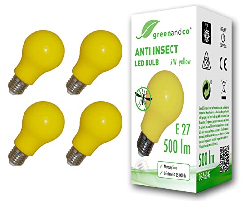 4x greenandco® Anti-Insekten LED Glühbirne E27, 560-580nm Wellenlänge, gelb, nicht dimmbar, 2 Jahre Garantie