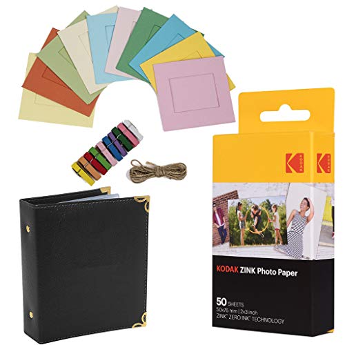 Kodak Premium Zink Fotopapier, 5 x 7,6 cm, inkl. buntem quadratischem Bilderrahmen zum Aufhängen und Fotoalbum, kompatibel mit Printomatic, 50 Blatt