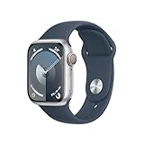 Apple Watch Series 9 (GPS + Cellular, 41 mm) Smartwatch mit Aluminiumgehäuse in Silber und Sportarmband S/M in Sturmblau. Fitnesstracker, Blutsauerstoff und EKG Apps, Always-On Retina Display