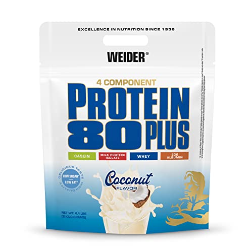 Weider Protein 80 Plus Eiweißpulver, Kokosnuss, Low-Carb, Mehrkomponenten Casein Whey Mix für Proteinshakes, 2kg