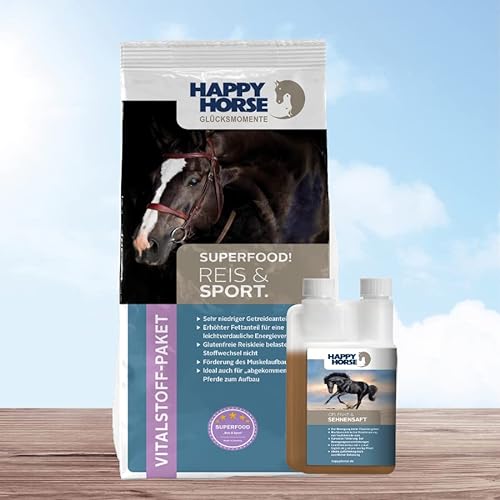 HAPPY HORSE Superfood Reis & Sport Pferdefutter 14kg - Vitalstoffversorger der neuen Generation + Happy Horse Gelenk & Sehnensaft