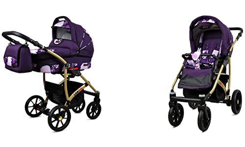 BabyLux Largo 2-in-1 Baby Kinderwagen Tief und Kinderwagen mit Zubehör Verstellbar und faltbar Aluminiumkonstruktion Wasserdicht Nicht abnehmbare Räder Violet Flowers Gold Frame