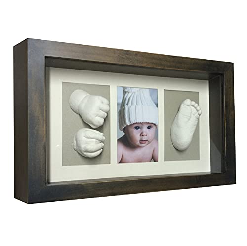 3D Abdruck Baby mit Bilderrahmen Holz, Fotorahmen Tief mit Glas, Abdruck Baby Hand und Fuß, Perfektes Geschenk für Baby Born (Wengue Grau, 30 x 20 x 5 cm)