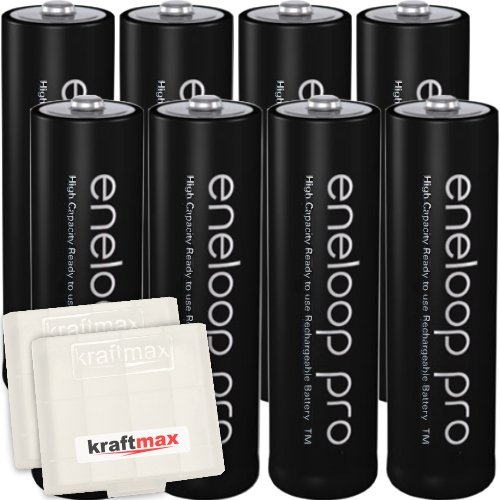 Kraftmax 8er-Pack Panasonic Eneloop PRO XX AA / Mignon Akkus - Neueste Generation - 2550 mAh(min 2500 mAh) Hochleistungs Akku Batterien in Kraftmax Akkubox V5, 8er Pack