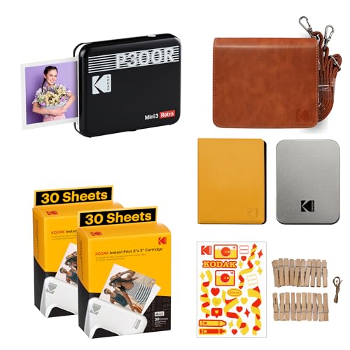Kodak P300 Mini 3 Retro, Mobiler Handy Fotodrucker, Kompatibel mit Smartphone (iOS & Android), Bluetooth, 76x76 mm, 4Pass-Technologie, Laminierung, Zubehör-Bundel, 68 Blatt, Schwarz