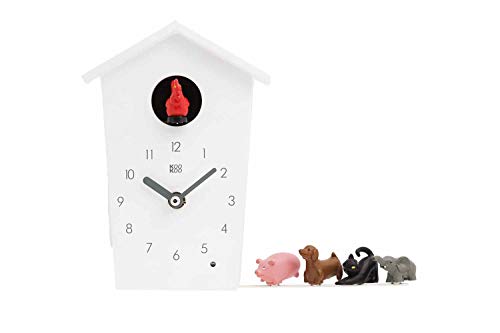 KOOKOO AnimalHouse Weiß, Moderne kleine Kuckucksuhr mit 5 Bauernhoftieren, Aufnahmen aus der Natur Moderne witzige Design Uhr