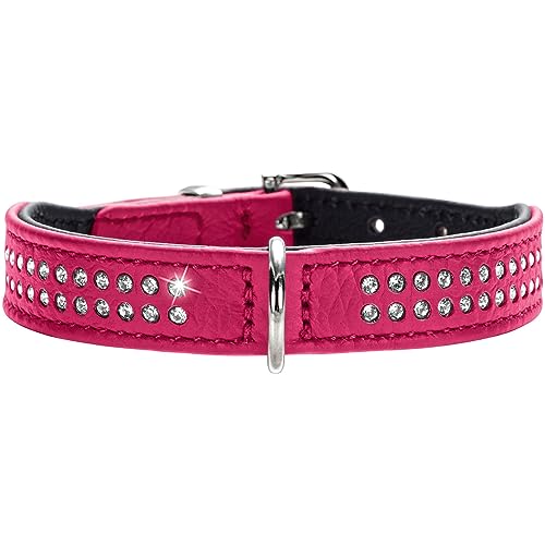 HUNTER DIAMOND PETIT Halsband für kleine Hunde, Leder, mit Strasssteinchen, pink/schwarz, 27