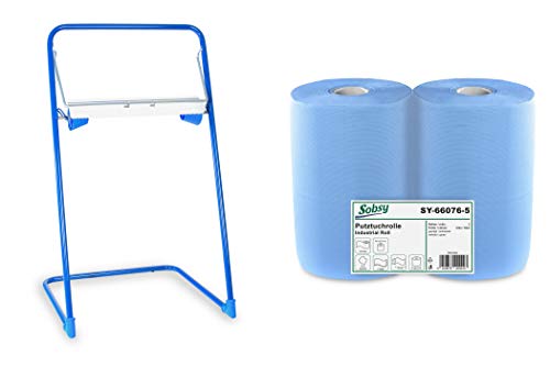 2 x blaue saugstarke Papierrolle mit Standfuß-Spender, 1000 Blatt, 37x36 cm | 2-lagige perforierte Papiertücher |für Industrie, Werkstatt und Restaurant | Durchmesser 25 cm