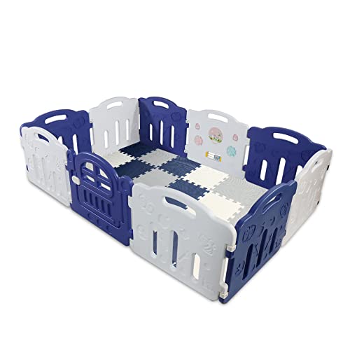 CCLIFE Sicherheitsgitter aus Kunststoff für Babys mit Sicherheitsverriegelung und Spielfeld für drinnen und draußen, Farbe: 10 Stück/Blau und Weiß/nicht faltbar