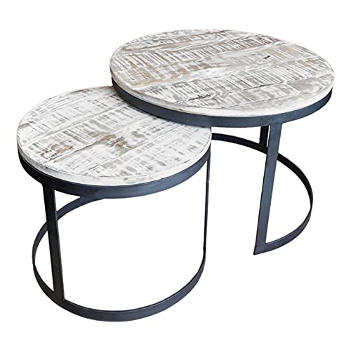 2er Set Beistelltisch Wohnzimmer-Tisch rund Austin Metall-Gestell Altsilber o. schwarz weiß gekälkt Couchtisch