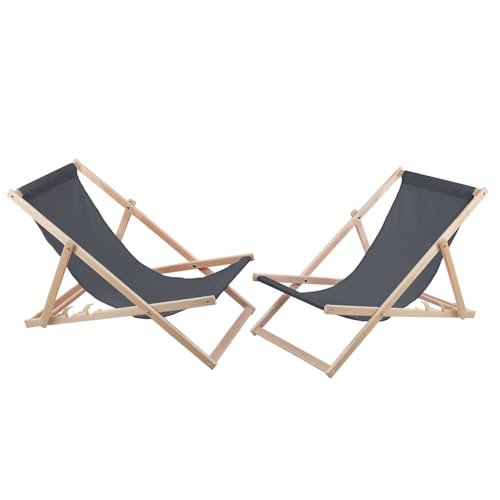 Woodok 2-er Liegestuhl Set aus Buchholz Strandstuhl Sonnenliege Gartenliege für Strand, Garten, Balkon und Terrasse Liege Klappbar bis 120kg (Grau)