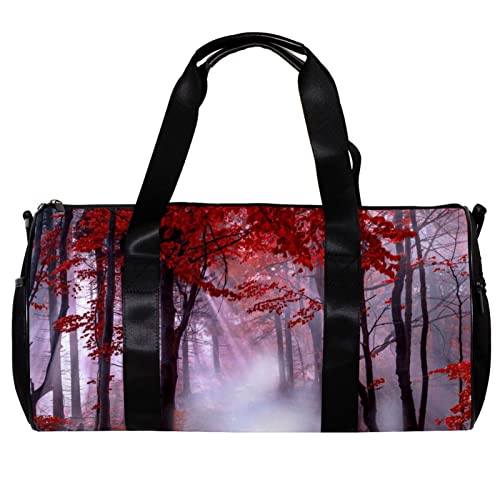 Runde Sporttasche mit abnehmbarem Schultergurt, Mystical Red Forest Training Handtasche Übernachtungstasche für Damen und Herren, mehrfarbig, 45x23x23cm/17.7x9x9in