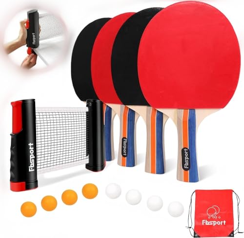 tischtennisschläger Set mobiles Tischtennis Set mit Netz Tischtennis Netz esstisch für Tisch mit 4 Schlägern 8 Bällen, einziehbares Netz mit Lagerung Tasche für Indoor/Outdoor