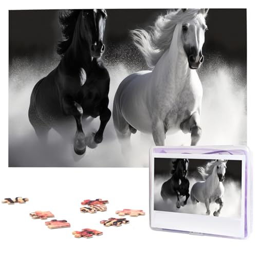 KHiry Puzzles 1000 Teile personalisierte Puzzles schwarz und weiß Pferde laufen Foto Puzzle anspruchsvolles Bild Puzzle für Erwachsene Personaliz Jigsaw mit Aufbewahrungstasche (74,9 x 50 cm)