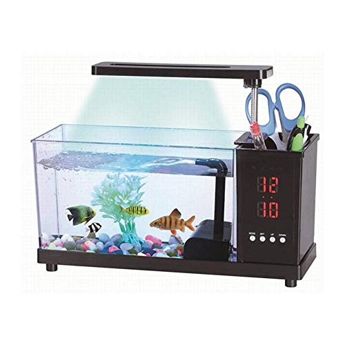 FELEA USB Desktop Aquarium Mini Aquarium Wasserpumpe Licht Kalender Wecker Schwarz