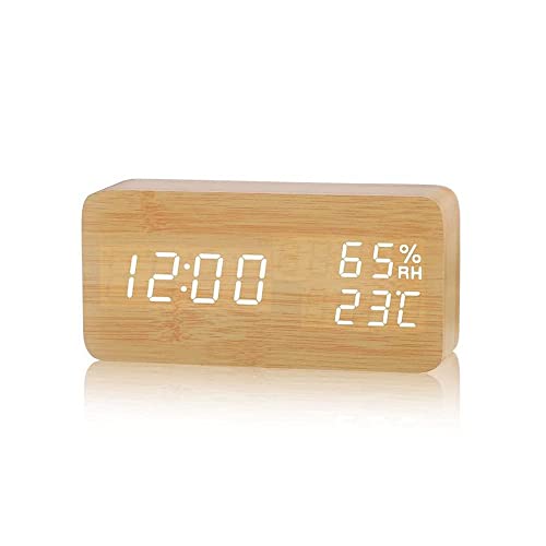 Digitaler Wecker LED Holz Wecker Uhr Reisewecker mit 2 Alarmen/Temperaturanzeige/Luftfeuchtigkeit, 3 Helligkeit, Nachttisch Schlafzimmer