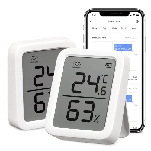 SwitchBot Innen Thermometer Hygrometer 2 Stück, Innentemperatur-Feuchtigkeitssensor mit intelligenter Warnung und 68-Tage-Datenspeicherung, Bluetooth-Raumthermometer für Baby, Zuhause, Garage