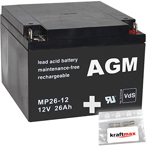kraftmax 1x AGM 12V / 26Ah Blei-Akku - MP26-12 [ M5 - Bolzen inkl. Schraube und Mutter ] VDs geprüft - inkl. 2X Original Anschluß-Adapter