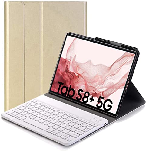 YHFZR Tastatur Hülle for Samsung Galaxy Tab S8+ - (QWERTY Layout), Ultradünn Flip Entfernbar Drahtloser Keyboardständer Ledertasche für Samsung Galaxy Tab S8+ X800/X806 12.4" 2022 Tablet, Gold