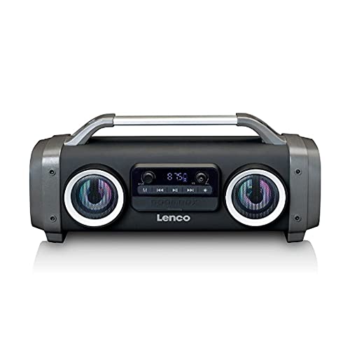 Lenco SPR-100 Boombox - IPX4 wasserdichte Bluetooth 5.0 Boombox - integrierter 4400mAh Akku - 25 Watt RMS - FM Radio Empfänger - Lichteffekte - Equalizer - Kabeloses Musikstreaming - Schwarz