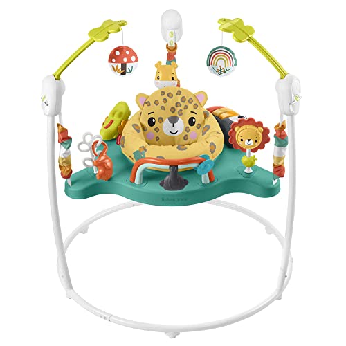 Fisher-Price HND47 - Jumperoo Baby-Spielcenter mit Lichtern, Geräuschen und Musik, interaktiver Wippsitz für Babys, Hüpf-Leopard, Babyzubehör