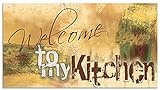 ARTland Spritzschutz Küche aus Alu für Herd Spüle 120x65 cm (BxH) Küchenrückwand mit Motiv Spruch Shabby Landhaus Kunst Willkommen Ocker H6ZJ
