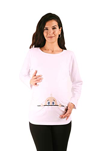 M.M.C. Neugieriges Baby - Lustige witzige süße Umstandsmode Umstandsshirt mit Motiv für die Schwangerschaft Schwangerschaftsshirt, Langarm (Weiß, Large)