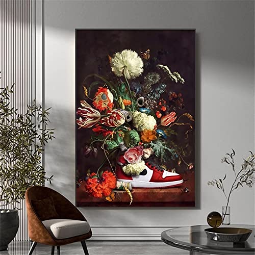 Abstraktes Europa Vintage-Leinwandbilder Stillleben Blumen in Sneaker-Schuhen Drucke und Poster Wandkunstbilder für Wohnkultur 50 x 70 cm (20 x 28 Zoll) mit Rahmen