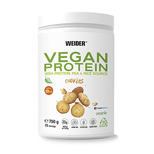 Weider Vegan Protein (750g) Cookies-Geschmack. 23g Protein/Dosis, Erbsenisolat (Pisane) & Reisproteine. Mit Vitamin B12 und Stevia. Glutenfrei, zuckerfrei. Verpackung 50% Recycelt, 100% Recycelbar