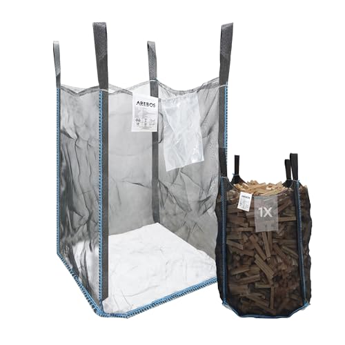 Arebos Premium Holzsack | Big Bag 100x100x160 cm | mit 4 Schlaufen und Einfüllschürze | Tragfähigkeit 1500 kg, SF 5:1, EN ISO 21898 | Sack für Bauschutt, Holz, Gartenabfall | UV-Beständig