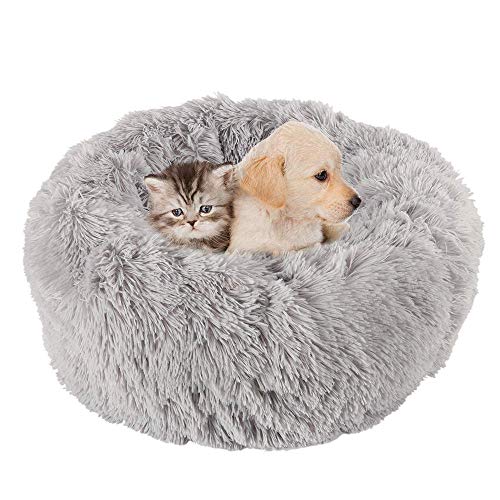 Waschbares Flauschiges Hundebett,Katzenbett,runde Form, weiches Donut-Haustierbett,Plüsch Weich Runden Katze Schlafen Bett/für Kleine und Mittelgroße Hunde,Katzen-L:70x70cm-grau