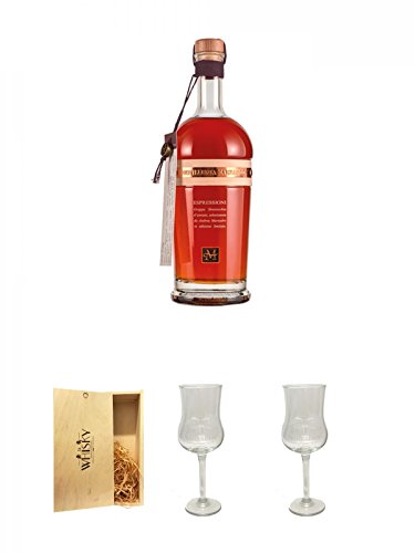 Marzadro Grappa Espressioni Futura 0,7 Liter + 1a Whisky Holzbox für 2 Flaschen mit Schiebedeckel + Marzadro Grappa Gläser mit Eichstrich 2cl und 4cl 1 Stück + Marzadro Grappa Gläser mit Eichstrich 2cl und 4cl 1 Stück
