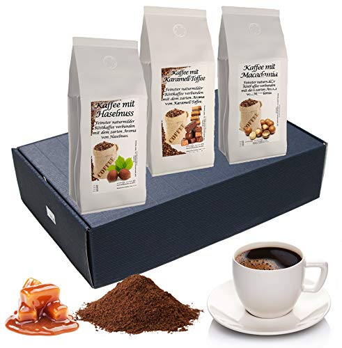 Geschenk Set Aromatisierter Kaffee Gemahlen 3 x 200 g (Haselnuss, Karamell und Macadamia)