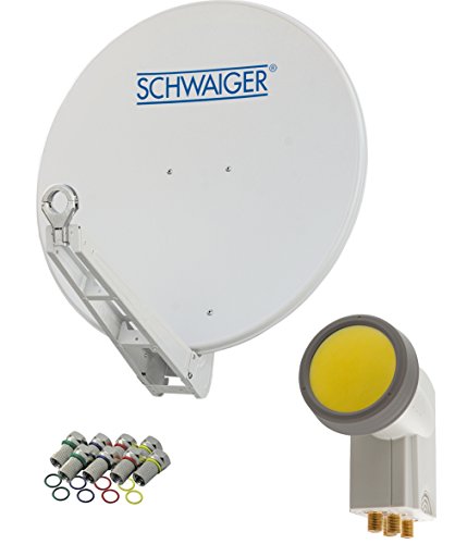 SCHWAIGER -4623- Sat Anlage, Satellitenschüssel mit Quad LNB (digital) & 8 F-Steckern 7 mm, Sat Antenne aus Aluminium, Hellgrau, 75 x 80 cm