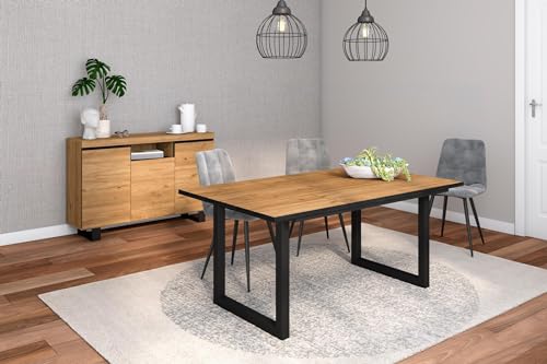 Skraut Home - Wohnzimmermöbel-Set | Tisch 170 Front schwarz Füße U 8 Gäste | Spritzschutz / Sideboard 140 hoch | Eiche und Schwarz | Industrial Style