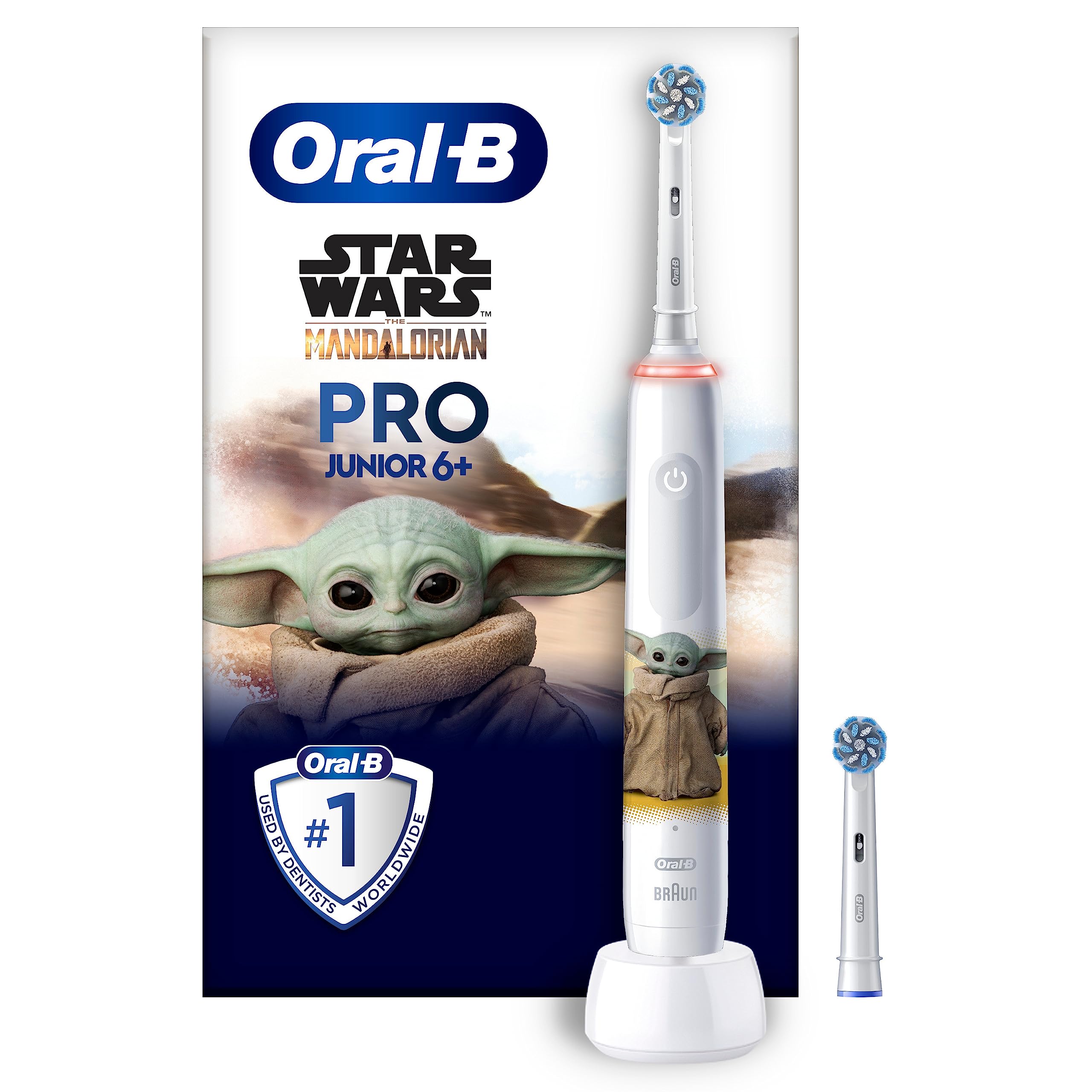Oral-B Pro Junior Star Wars Elektrische Zahnbürste/Electric Toothbrush für Kinder ab 6 Jahren, 2 Aufsteckbürsten, 360°-Andruckkontrolle, 2 Putzmodi inkl. Sensitiv für Zahnpflege, weiche Borsten, weiß