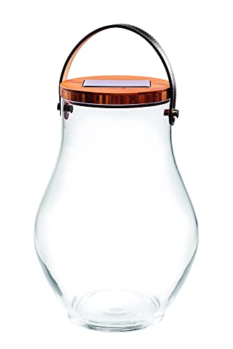 Lumix LED Deco Glass Bold Solarlicht Dekoleuchte Sonnenglas Solarlampe mit Bambusdeckel Mundgeblasenes Glas Dekoration Warmweiß inkl. USB-Port Leder Trageriemen In & Outdoor 22520