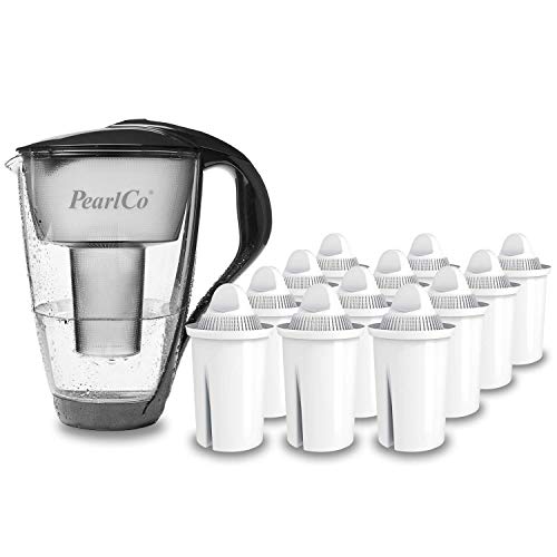 PearlCo - Glas-Wasserfilter (anthrazit) mit 12 classic Filterkartuschen - passt zu Brita Classic