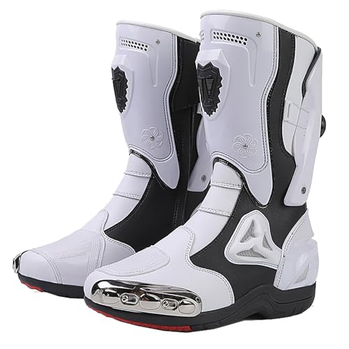 PLABNK Motorrad-Knöchelstützstiefel (38–47), Motocross-Schutz-/Straßenschuhe, Reflektierendes Leder + Drehbare Schnalle + Rutschfeste, Atmungsaktive Powersport-Schuhe,39,White