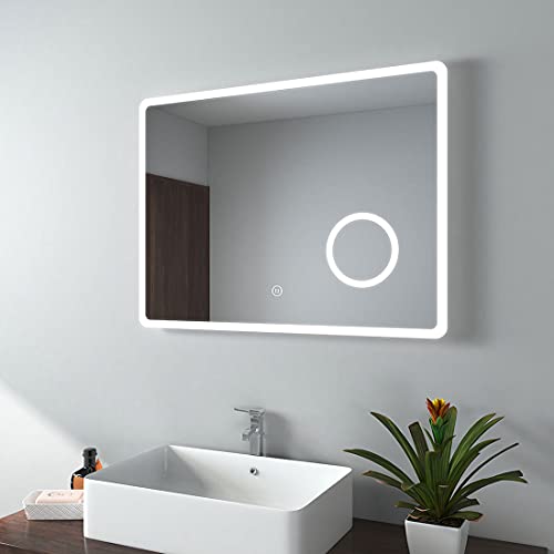 EMKE LED Badspiegel mit Beleuchtung 80x60cm Badezimmerspiegel kaltweiß Lichtspiegel Wandspiegel mit Touchschalter, Beschlagfrei, 3-Fach Vergrößerung Schminkspiegel IP44 energiesparend