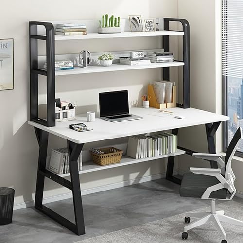 Computertisch mit Ablagefächern und Bücherregal, moderner, einfacher Schreibarbeitsplatz für Zuhause und Büro, Metallrahmen