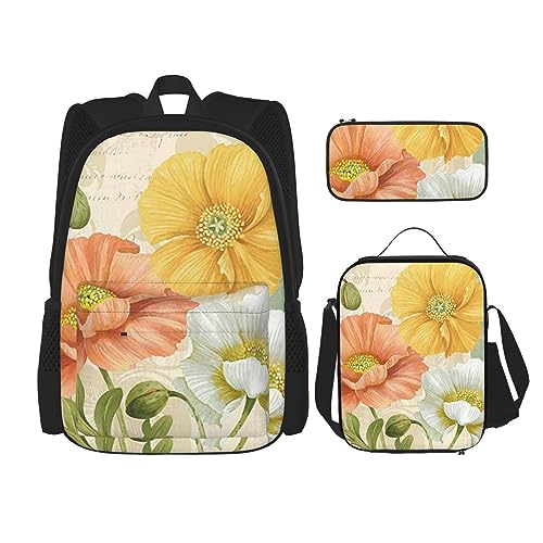 DOFFO Rucksack mit Pastell-Mohnblumen-Aufdruck, Reise-Laptop-Rucksack für Damen und Herren, lässige Büchertasche mit Lunch-Tasche, Bleistifttasche, 3-teilig, Schwarz, Einheitsgröße, Tagesrucksäcke,