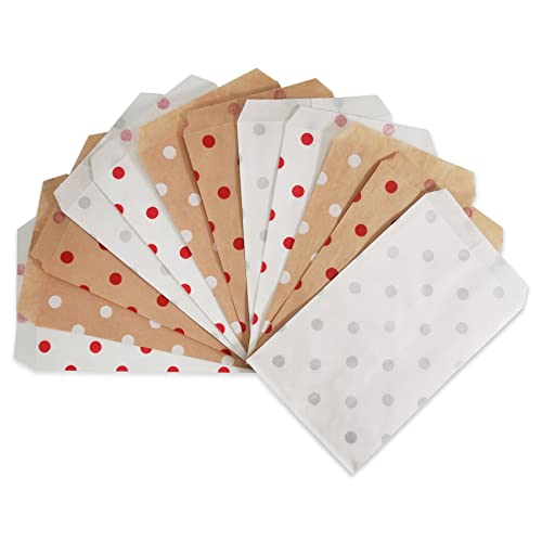 CuteBox Flache Papier-Geschenktüten in Rot/Weiß/Silber mit weißen Punkten (10,2 x 15,2 cm) für Waren, Handwerk, Gastgeschenke, Einzelhandel, 400 Stück
