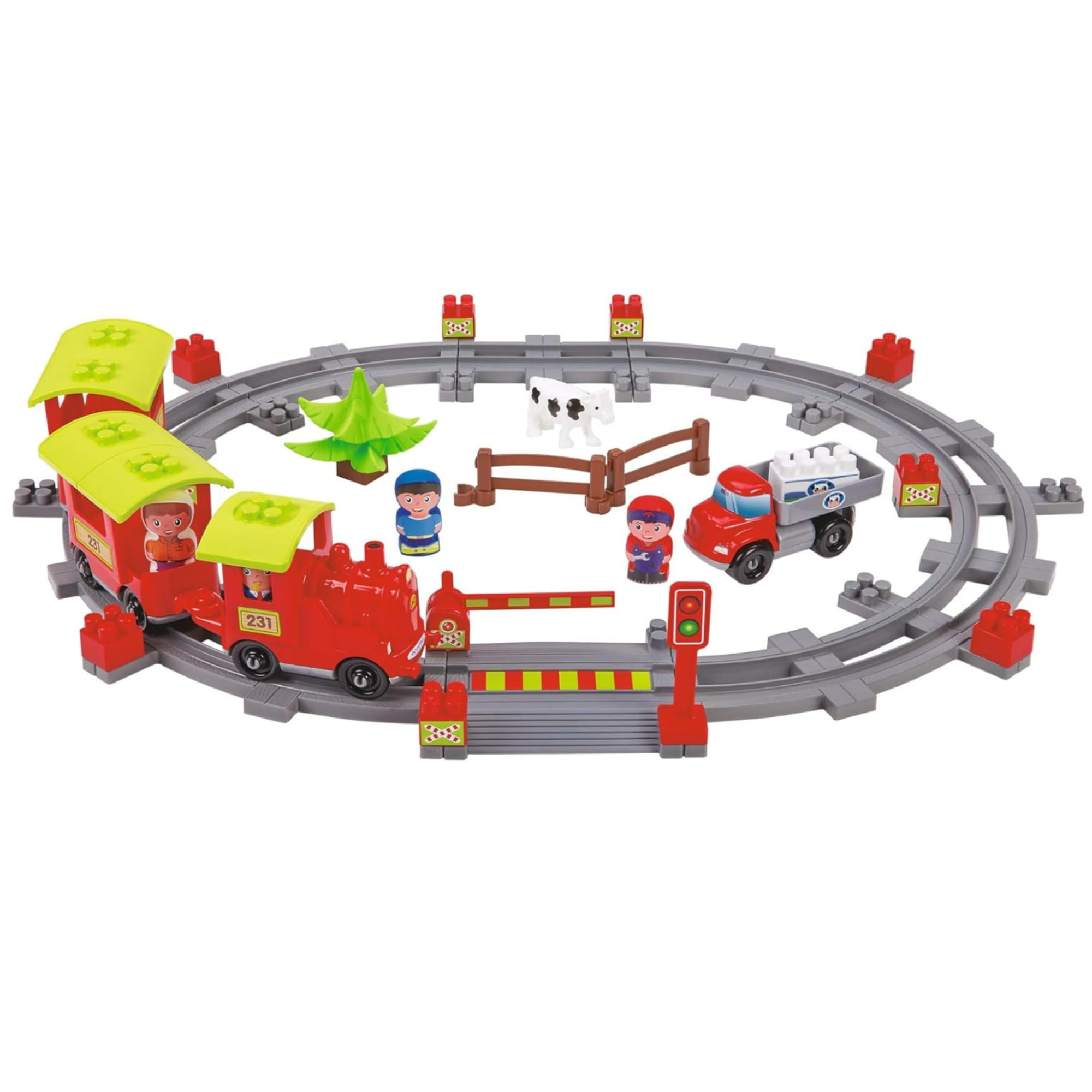 Ecoiffier – Abrick Eisenbahn Lokomotive – 69-teiliges Baustein-Set, mit Figuren, Tieren, Bahnübergang, Gleisen, für Kinder und Kleinkinder ab 18 Monaten