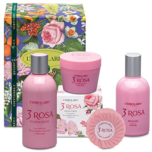 L' Erbolario - 3 Rosas – Geschenkbox in Originalverpackung (Duschgel 250 ml, Körpercreme 200 ml, Duft 50 ml, Seife 100 g) + gratis Florinda Pflanzenseife 50 g