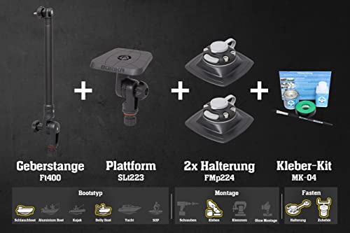 Set: Geberstange + Plattform + 2 x Halterung (110x110mm) + Kleber-Kit Bellyboote, Farben:schwarz/alu-schwarz